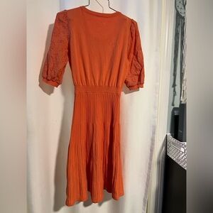 Women's Sm Orange Puff-Sleeve Pleated Midi Dress